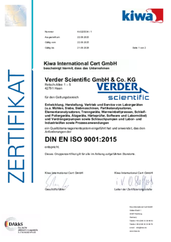 Verder Scientific ISO 9001:2015 Certificate